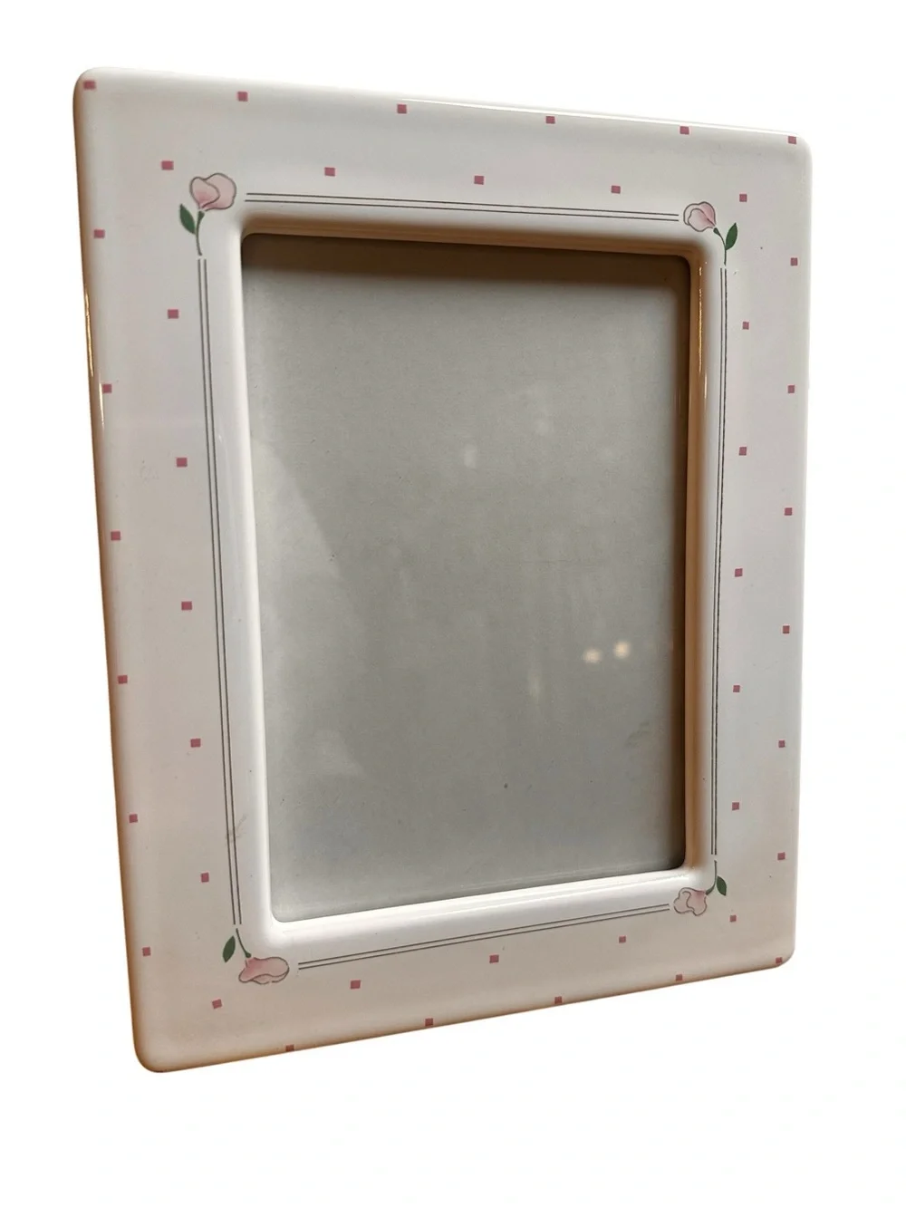 Vintage Terragraphics Photo Frame 5x7 Painted Pink Flowers On Porcelain 80s